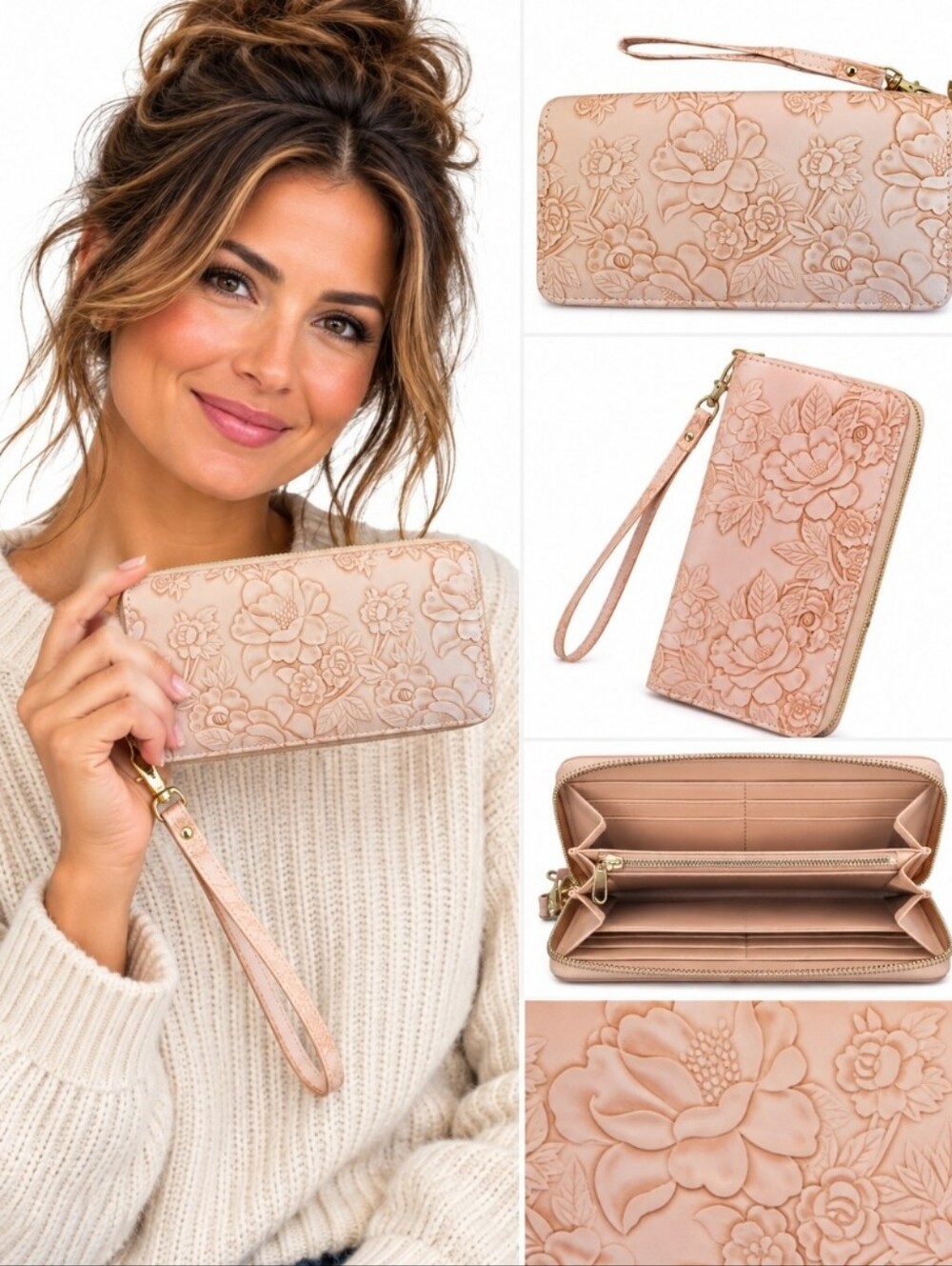 WisePoint Floral Embossed‎ Wristlet Wallet Polyurethane Leather New